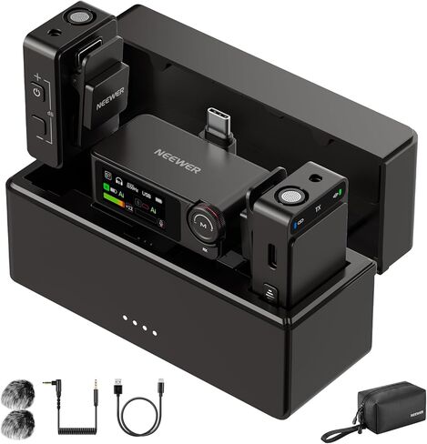 NEEWER CM26 Pro AI Wireless Microphone Compatible with iPhone Android Phone Camera PC, Lavalier Lapel Mic DSP/MCU Noise Cancellation Mute Gain Low Cut 48KHz/24Bit 88dB SNR 50H Battery 100m Range in Saudi Arabia