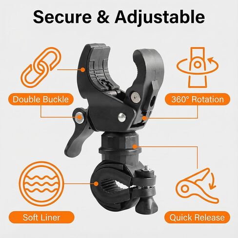 Flashlight Mount for Bicycle Handlebar, Double Buckle 360° Rotating Light Holder Clamp with Quick-Release Lever, Fits 20–35 mm Bars, Black, 1 Pack in Saudi Arabia