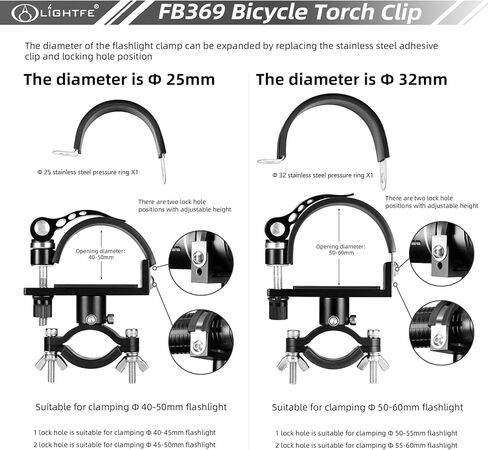 LIGHTFE Bicycle Flashlight Bracket FB369 Aluminum Alloy, 360 ° rotatable Adjustable Size Durable and Sturdy Bicycle lamp Bracket (Suitable for diameters of 40-60mm or 1.57-2.36 inches) in Kuwait