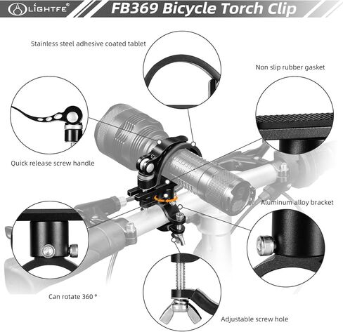 LIGHTFE Bicycle Flashlight Bracket FB369 Aluminum Alloy, 360 ° rotatable Adjustable Size Durable and Sturdy Bicycle lamp Bracket (Suitable for diameters of 40-60mm or 1.57-2.36 inches) in Kuwait