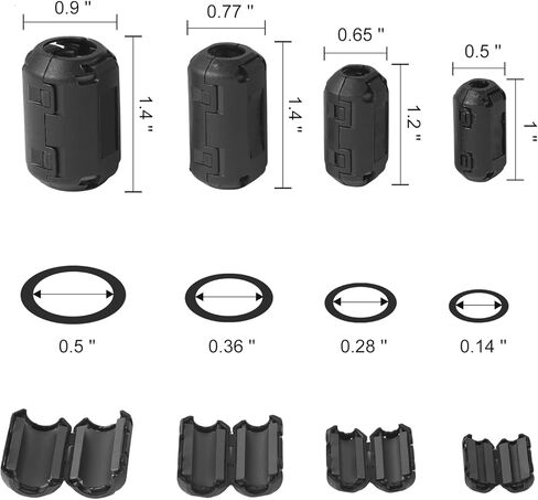 مجموعة أساسية من حلقة الفريت متعددة الأحجام مكونة من 20 قطعة - خرزات الفريت سهلة التركيب لمنع الضوضاء EMI/RFI، تناسب الكابلات 0.14/0.28/0.35/0.51 بوصة (3.5/7/9/13 مم) in Kuwait
