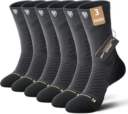 Men's sports crew socks,arch support,grip athletic socks,socks for basketball and tennis,3 pack,black compression sock in Kuwait