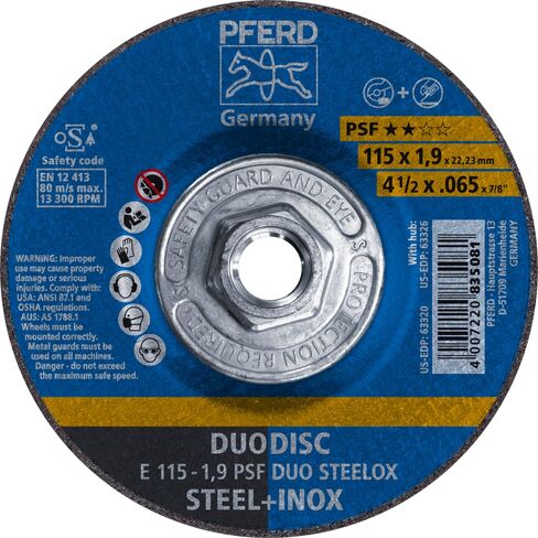 PFERD 4-1/2" PSF DUODISC STEELOX Combination Cutting and Grinding Wheel - Type 27, Aluminum Oxide, 0.065" Thick, 5/8-11 Thread, 13300 RPM (Pack of 10) - Part 63326 in Saudi Arabia