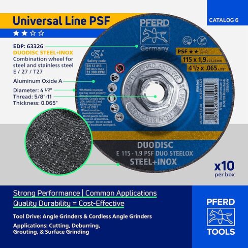 PFERD 4-1/2" PSF DUODISC STEELOX Combination Cutting and Grinding Wheel - Type 27, Aluminum Oxide, 0.065" Thick, 5/8-11 Thread, 13300 RPM (Pack of 10) - Part 63326 in Saudi Arabia