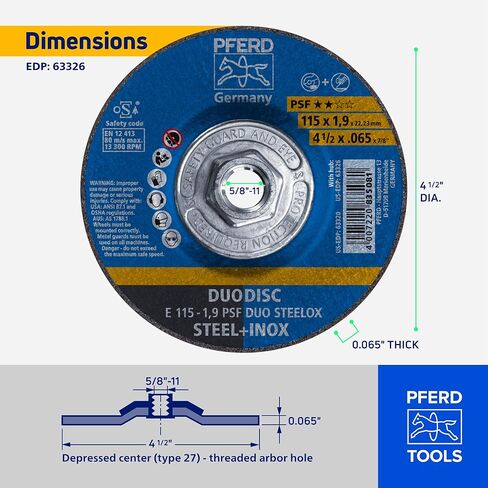 PFERD 4-1/2" PSF DUODISC STEELOX Combination Cutting and Grinding Wheel - Type 27, Aluminum Oxide, 0.065" Thick, 5/8-11 Thread, 13300 RPM (Pack of 10) - Part 63326 in Saudi Arabia