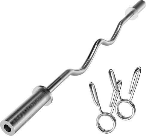 قضيب VivaZen Olympic EZ Curl - قضيب رفع الأثقال مقاس 47 بوصة لتجعيد العضلة ذات الرأسين وملحقات ثلاثية الرؤوس - يناسب ألواح الوزن مقاس 2 بوصة - شريط كروم بسعة 500 رطل مع محامل إبرة وطوقين زنبركيين in Kuwait