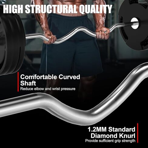 قضيب VivaZen Olympic EZ Curl - قضيب رفع الأثقال مقاس 47 بوصة لتجعيد العضلة ذات الرأسين وملحقات ثلاثية الرؤوس - يناسب ألواح الوزن مقاس 2 بوصة - شريط كروم بسعة 500 رطل مع محامل إبرة وطوقين زنبركيين in Kuwait