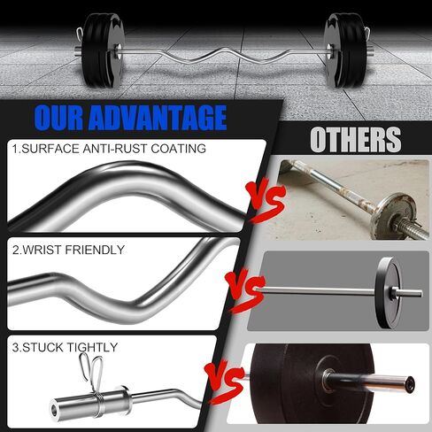 قضيب VivaZen Olympic EZ Curl - قضيب رفع الأثقال مقاس 47 بوصة لتجعيد العضلة ذات الرأسين وملحقات ثلاثية الرؤوس - يناسب ألواح الوزن مقاس 2 بوصة - شريط كروم بسعة 500 رطل مع محامل إبرة وطوقين زنبركيين in Kuwait