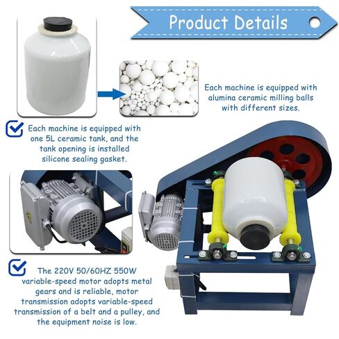 Ball Mill Grinder 550W 220V, 5L Ceramic Jar & Alumina Balls, Horizontal Lab Ball Mill for Wet/Dry Grinding, 800 RPM, Ceramic Glaze, Paint, Mineral, Quartz (Industrial & Laboratory Use) in Saudi Arabia