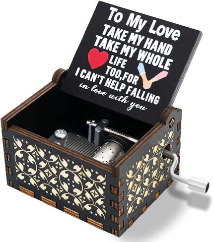 Can't Help Falling in Love Music Box, Hand Crank Vintage Wood Engraved Musical Boxes Case, Anniversary Valentines Birthday for Lover, Boyfriend, Girlfriend, Wife, Husband (Black) in Saudi Arabia