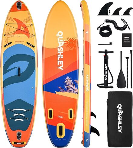 لوح التجديف القابل للنفخ من Quashley، ألواح تجديف عريضة للغاية مقاس 11 × 34 بوصة مع جميع ملحقات لوح التجديف الممتازة، سوب قابل للنفخ للبالغين / العائلة، صديق للمبتدئين، زعانف قابلة للإزالة، مضخة يدوية in Kuwait