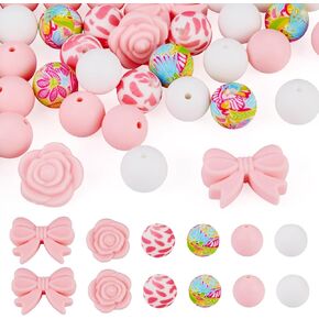 64Pcs Black Pink Silicone Beads Leopard Print Silicone Beads Star Octagon Rose Bowknot Silicone Focal Beads 15mm Silicone Beads for DIY Pen Garland Necklace Bracelet Jewelry Making, Small in Saudi Arabia