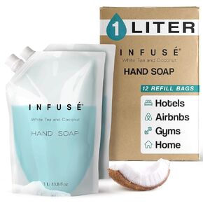 كيس إعادة تعبئة الشامبو سعة 1 لتر لموزعات الصابون | أدوات النظافة السائبة للإيجارات أثناء العطلات، وحمامات الحمام المنزلية | الشاي الأبيض وجوز الهند | أعزب in Kuwait