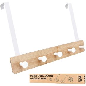 شماعة خطافية فوق الباب من باديانو، رف معطف من الخيزران مع 5 خطافات معدنية، منظم ملابس خشبي للمعطف والمناشف والحقائب والأرواب (أبيض) in Kuwait