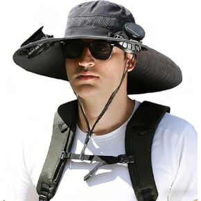 قبعة مروحة تعمل بالطاقة الشمسية، قبعة مع مراوح تعمل بالطاقة الشمسية، قبعة صيد خارجية بمروحة شمسية ذات حافة واسعة، 2 مراوح شمسية باللون الأسود in Kuwait