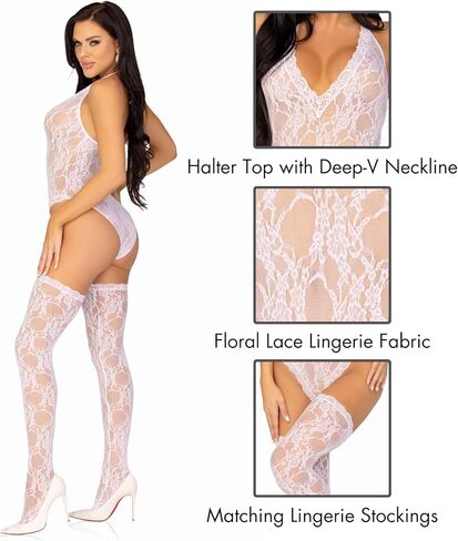 Leg Avenue Women's 2 Pc Floral Lace Deep-V Teddy and Matching Stockings Set in Saudi Arabia