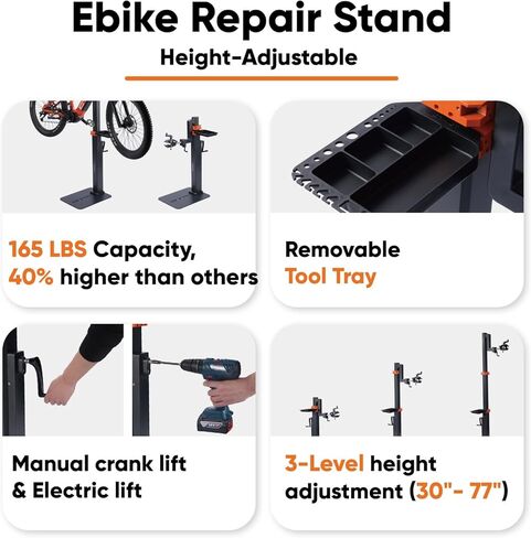 Ebike Repair Stand, Bike Lift Workstand Mechanic Bicycle Repair Stand 165lbs Capacity with Adjustable Height, Rotating Clamp, Tool Tray, for Electric, Heavy Duty Bikes, Home Bicycle Maintenance Stand in Kuwait