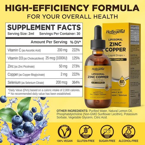 Liposomal Zinc Copper Liquid Drops, 50mg Zinc Picolinate with Copper, Selenium, Vitamin C&D3 for Immune & Thyroid Support, Fast-Absorbing Mineral Supplements for Men & Women, Blueberry, 2 Fl Oz in Kuwait