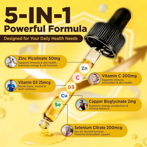 Liposomal Zinc Copper Liquid Drops, 50mg Zinc Picolinate with Copper, Selenium, Vitamin C&D3 for Immune & Thyroid Support, Fast-Absorbing Mineral Supplements for Men & Women, Blueberry, 2 Fl Oz in Kuwait