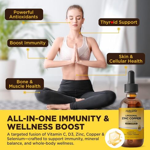 Liposomal Zinc Copper Liquid Drops, 50mg Zinc Picolinate with Copper, Selenium, Vitamin C&D3 for Immune & Thyroid Support, Fast-Absorbing Mineral Supplements for Men & Women, Blueberry, 2 Fl Oz in Kuwait