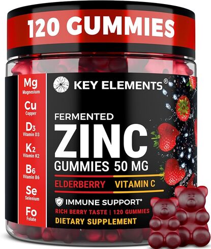 Immune Support Zinc Gummies 50mg with Elderberry Vitamin C and Zinc Supplements - Natural Antioxidant with Copper Vitamin D3 K2 Magnesium - Rich Berry Taste, Sugar-Free, 120 Gummies in Kuwait