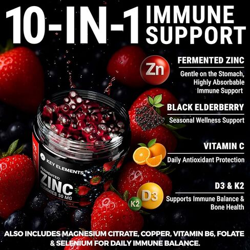 Immune Support Zinc Gummies 50mg with Elderberry Vitamin C and Zinc Supplements - Natural Antioxidant with Copper Vitamin D3 K2 Magnesium - Rich Berry Taste, Sugar-Free, 120 Gummies in Kuwait