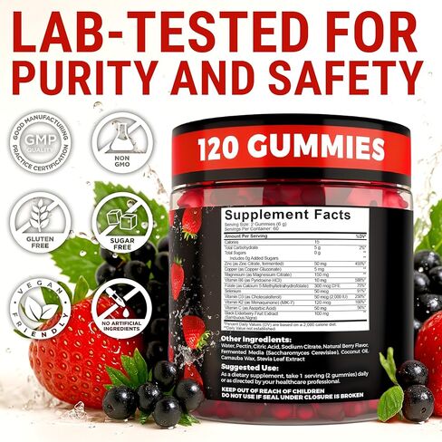 Immune Support Zinc Gummies 50mg with Elderberry Vitamin C and Zinc Supplements - Natural Antioxidant with Copper Vitamin D3 K2 Magnesium - Rich Berry Taste, Sugar-Free, 120 Gummies in Kuwait