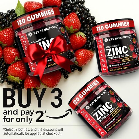 Immune Support Zinc Gummies 50mg with Elderberry Vitamin C and Zinc Supplements - Natural Antioxidant with Copper Vitamin D3 K2 Magnesium - Rich Berry Taste, Sugar-Free, 120 Gummies in Kuwait