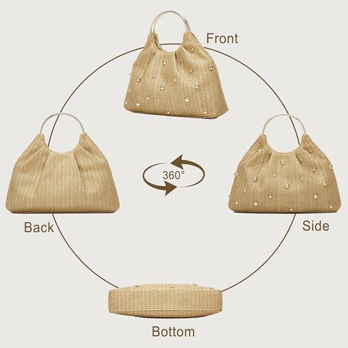 2025 Chic Straw Tote Bag Round Handheld Elegant Evening Clutch Women Party Handbag Metal Handle Beaded in Kuwait