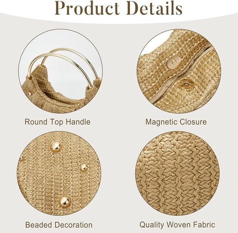 2025 Chic Straw Tote Bag Round Handheld Elegant Evening Clutch Women Party Handbag Metal Handle Beaded in Kuwait