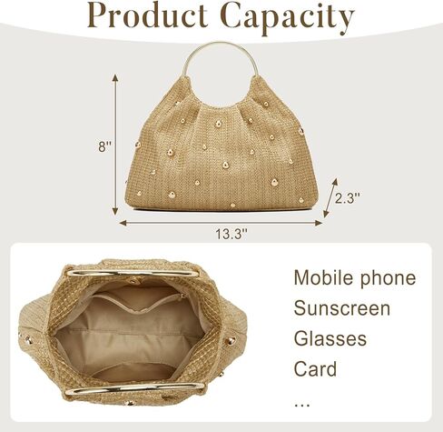 2025 Chic Straw Tote Bag Round Handheld Elegant Evening Clutch Women Party Handbag Metal Handle Beaded in Kuwait