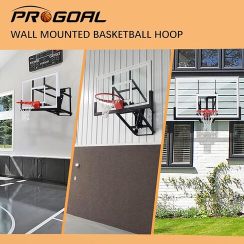 PROGOAL Basketball Hoop Garage Wall Mounted Adjustable-Height, with 60''x36''Tempered Glass Backboard, Pro-Style Breakaway Rim, Durable Bracket and All Weather Net in Saudi Arabia