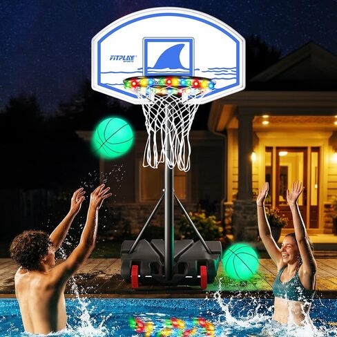FITPLAY Adjustable Pool Basketball Hoop with LED Lights & 2 Glow Ball, Pump,Height 45–59 in, Stable Water/Sand Fill Base with Wheels, Swimming Pool Basketball Game Set for Adults, Teens & Family Fun in Saudi Arabia