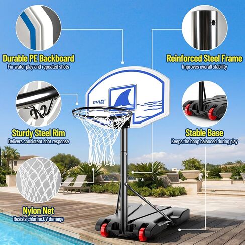 FITPLAY Adjustable Pool Basketball Hoop with LED Lights & 2 Glow Ball, Pump,Height 45–59 in, Stable Water/Sand Fill Base with Wheels, Swimming Pool Basketball Game Set for Adults, Teens & Family Fun in Saudi Arabia