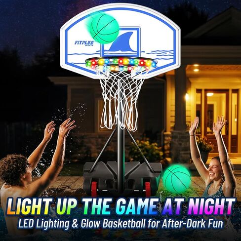 FITPLAY Adjustable Pool Basketball Hoop with LED Lights & 2 Glow Ball, Pump,Height 45–59 in, Stable Water/Sand Fill Base with Wheels, Swimming Pool Basketball Game Set for Adults, Teens & Family Fun in Saudi Arabia