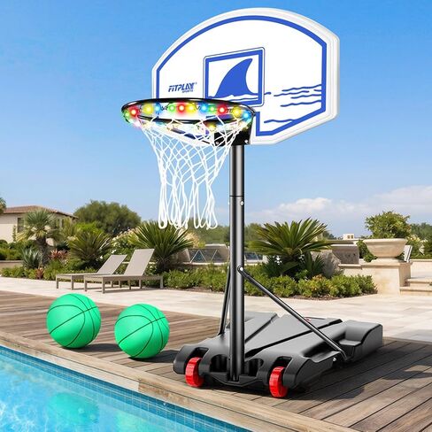 FITPLAY Adjustable Pool Basketball Hoop with LED Lights & 2 Glow Ball, Pump,Height 45–59 in, Stable Water/Sand Fill Base with Wheels, Swimming Pool Basketball Game Set for Adults, Teens & Family Fun in Saudi Arabia