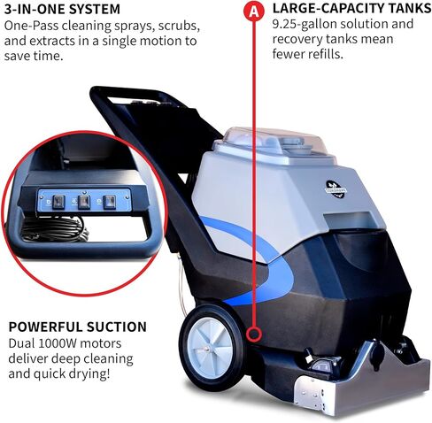 ماكينة استخراج السجاد التجارية 3 في 1 من توماهوك، مسار 18 بوصة، خزانات 9 جالون، محركات مزدوجة 1000 وات للفنادق والمكاتب والمفروشات والمزيد in Kuwait