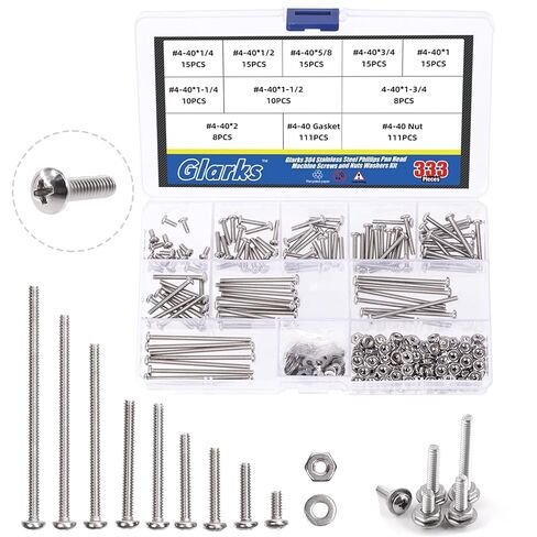 Glarks 333Pcs Machine Screw Assortment Kit #4-40 Stainless Steel Phillips Pan Head Assorted Nuts Bolts and Flat Washers Set, 304 Stainless Steel Machine Screws Assortment Set with Storage Case in Saudi Arabia