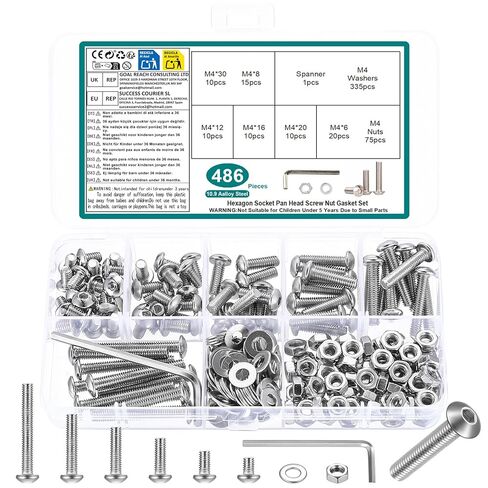 مجموعة متنوعة من البراغي M3 M4 M5 M6 M8، مجموعة متنوعة من الصواميل والمسامير المترية، مجموعة مسامير وصواميل غطاء رأس مقبس سداسي، مجموعة براغي سداسية المقبس، مجموعة براغي الماكينة (486 قطعة M4) in Kuwait