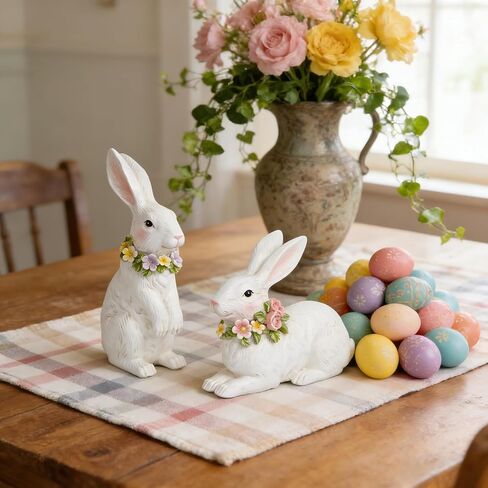Hodao Spring Garden Patio Bunny Figurine Set (2pcs) The Perfect Accent for a Wonderful Garden-Easter Bunny Figurine Decor Indoor Home Decorations (White) in Kuwait