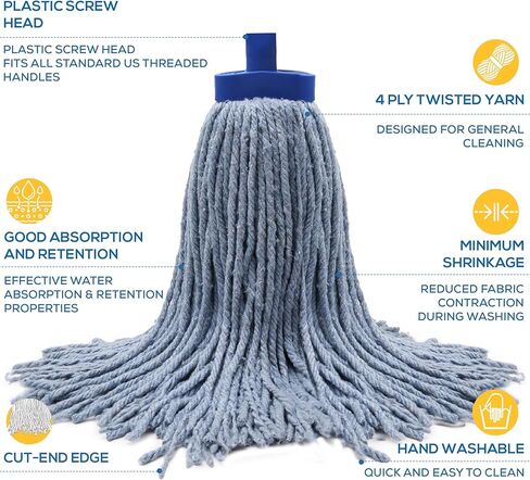 رأس استبدال الممسحة الرطبة من Kleen Handler - مزيج قطني عالي التحمل، عبوات ممسحة مثبتة بمقبس بلاستيكي، تناسب المقابض القياسية الملولبة، ممسحة تجارية مقطوعة للمنزل أو العمل، عبوة من 6 قطع in Kuwait