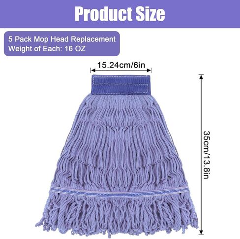 5-Pack Heavy Duty Commercial Mop Head Refills - 16oz Blue Cotton Loop-End String Replacement Heads for Wet & Dry Floor Cleaning - Universal Fit for Clamp & Side-Load Handles in Saudi Arabia
