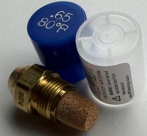 Oil Burner Nozzle, .65 80 B, Solid Spray Blue Cap .65 80 B Oil Nozzle .65 Gallons per minute with a 80 degree Solid Spray in Saudi Arabia