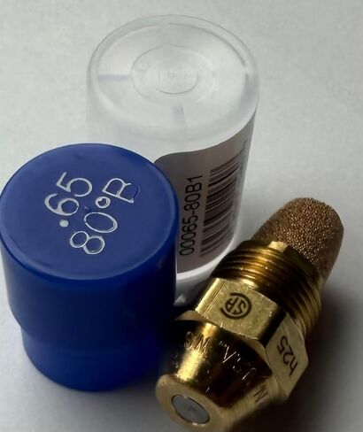 Oil Burner Nozzle, .65 80 B, Solid Spray Blue Cap .65 80 B Oil Nozzle .65 Gallons per minute with a 80 degree Solid Spray in Saudi Arabia