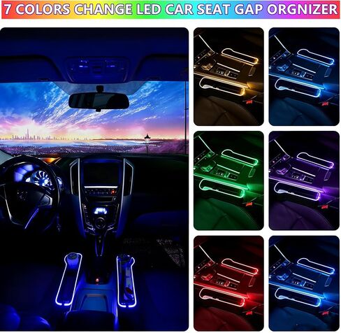 7 Color Led Car Seat Gap Organizer with 56W Fast Charger Car Organizer & Storage Front Seat Gap Filler with USB Cup Holder,Car Charger Storage Box fit for Android iPhone (Black) in Kuwait