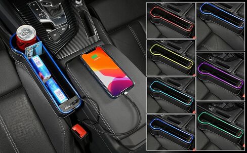 7 Color Led Car Seat Gap Organizer with 56W Fast Charger Car Organizer & Storage Front Seat Gap Filler with USB Cup Holder,Car Charger Storage Box fit for Android iPhone (Black) in Kuwait