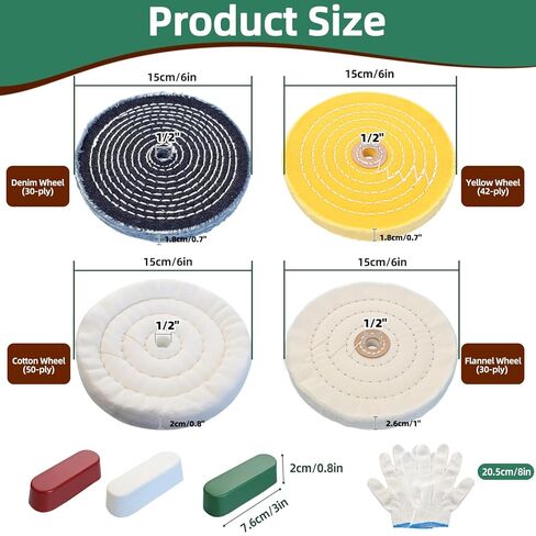 8Pcs 6 Inch Polishing Buffing Wheel Kit for Bench Grinder,1/2" Arbor Hole Buffing Wheels with 3 Polishing Compound and Gloves for Metal,Stainless Steel,Jewelry,Wood,Glass,Ceramic and Other Surfaces in Saudi Arabia
