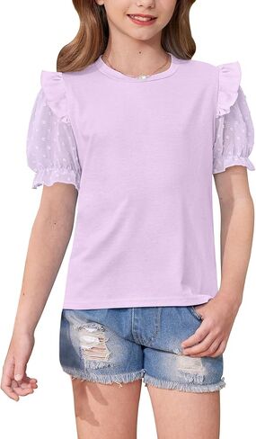 Besserbay Girls Summer Cute Swiss Swiss Dot Mesh Short Puff Sleeve T Shirts Layered Blufle Flutter Crewneck Blouses 6-14 in Kuwait