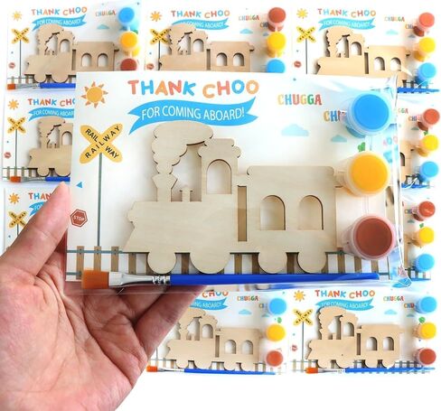 12-Pack Pre-Packaged Train Party Favors, Wooden Train Cutouts with Magnets & Painting Kits for Kids, Choo Choo Birthday Decorations & Thank You Gifts for Guests in Kuwait