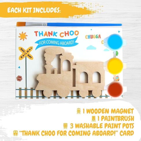 12-Pack Pre-Packaged Train Party Favors, Wooden Train Cutouts with Magnets & Painting Kits for Kids, Choo Choo Birthday Decorations & Thank You Gifts for Guests in Kuwait